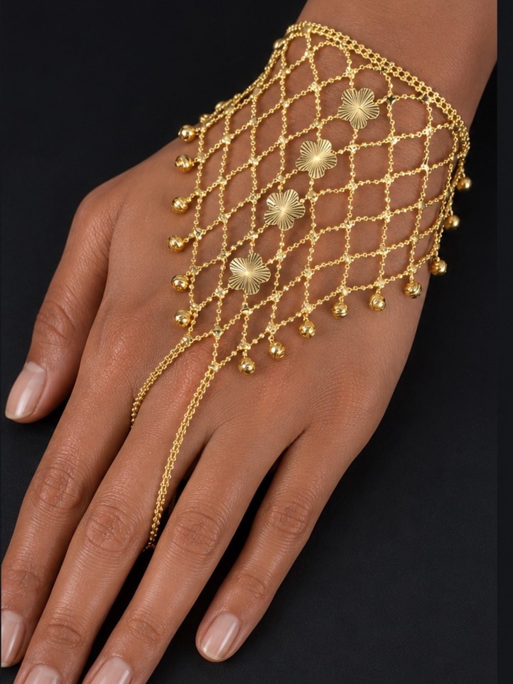 Golden tone metal Floral Net Hand Chain Bracelet